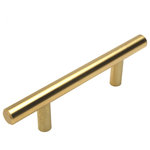 Cosmas - European Style Brushed Brass Bar Pulls, 3-1/2" Hole Centers - Cosmas 305 Series European bar pulls in a classic brushed brass finish. This series includes 9 different length bar pulls and a coordinating t-bar euro-style cabinet knob. Manufactured from solid steel. Includes standard 1" x 8/32 cabinet screws.