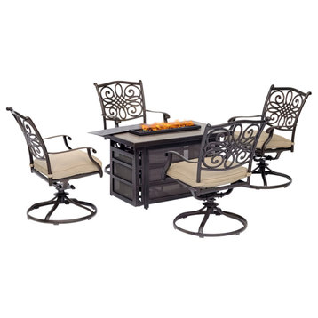 Traditions 5-Piece Seating Set, Tan With Fire Pit and 4 Swivel Rockers