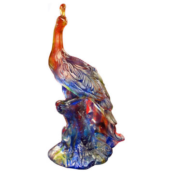 Chinese Crystal Glass Pate-de-verre Liuli Mix Color Peacock Figure