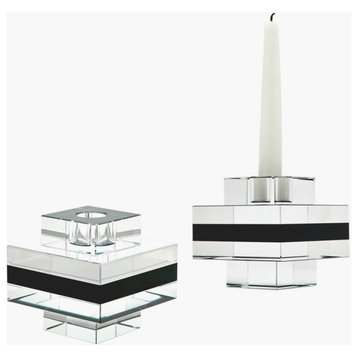 Square Black Striped Candlestick Holder Set of 2 made of Crystal in Clear/Black