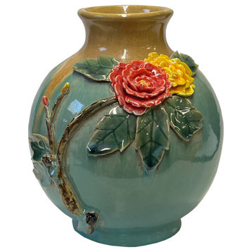 Chinese Turquoise Tan Glaze Dimensional Flower Holder Pot Vase Hws3081