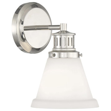 Alden 1 Light Bathroom Vanity Light, Polished Nickel, Matte Opal