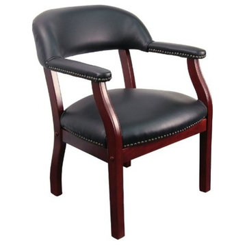 Black Vinyl Leather Conference Chair, Traditional Captain's, Wooden Frame