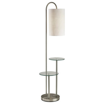 Elegant Floor Lamp, Brushed Steel Frame With Fabric Shade & Round Glass Shelves