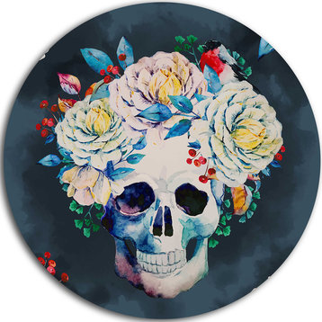 Watercolor Vector Skull, Floral Digital Disc Metal Artwork, 11"