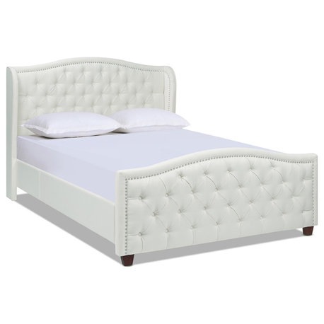 Fontana Wingback Upholstered Platform Bed Frame, Antique White Polyester, Queen