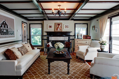 Mid-sized elegant formal and enclosed medium tone wood floor living room photo in DC Metro with white walls, a standard fireplace, a tile fireplace and no tv