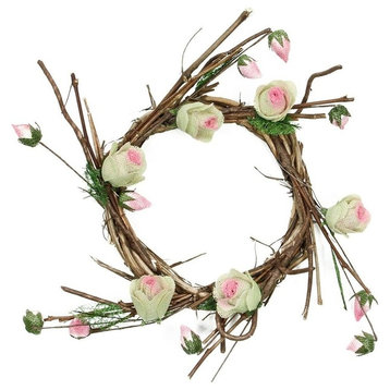 11" Brown Cream and Pink Spring Floral Twig Wreath, Unlit