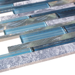 Glossy Blue Glass and Blue Stone Random Brick Straight Pattern Glass Mosaic Tile - Home Accessories & Decor