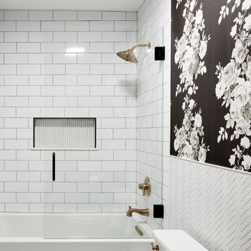 Classic Black & White Bathroom Remodel - White Tile and Wallpaper