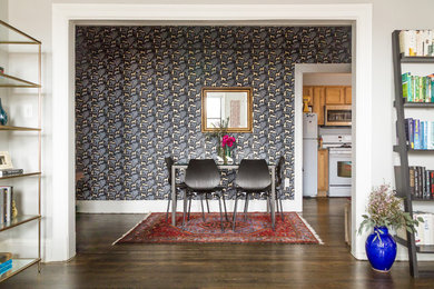 Small eclectic dark wood floor kitchen/dining room combo photo in DC Metro with black walls and no fireplace