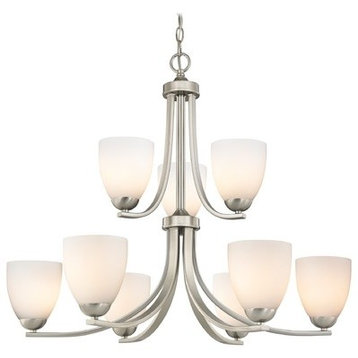 Satin Nickel Chandelier with Nine Lights and Satin White Glass