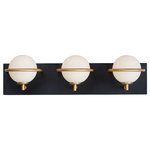 Maxim Lighting - Maxim Lighting 21603SWBKGLD Revolve - 20.25" 18W 3 LED Bath Vanity - Revolve 20.25" 18W 3 LED Bath Vanity Black/Gold Satin White GlassSatin White glass globes are nested behind rings of Gold which dramatically contrasts against the Black metal background. Soft and natural light is provided by replaceable G9 LED lamps which are included in each fixture.5 Years300015008030000 HoursMounting Direction: Up/DownShade Included: yesDimable: yesBlack/Gold Finish with Satin White GlassSatin White glass globes are nested behind rings of Gold which dramatically contrasts against the Black metal background. Soft and natural light is provided by replaceable G9 LED lamps which are included in each fixture. 5 Years3000 / 1500 / 80 / 30000 Hours / Mounting Direction: Up/Down / Shade Included: yes / Dimable: yes. *Number of Bulbs: 3 *Wattage: 6W * BulbType: G9 LED *Bulb Included: Yes *UL Approved: Yes
