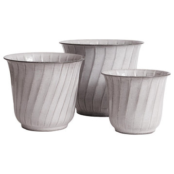 Classic Set of 3 Ribbed Twist Metal Planters Off White Elegant Outdoor Safe