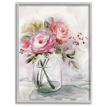 Flower Jar Pink Green Watercolor Painting, 16"x20", Gray Frame