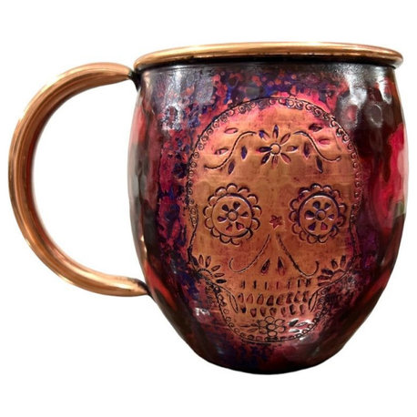 Copper Barrel Mugs With Skull (Day of the Dead), Purple Marbled, Set of 2