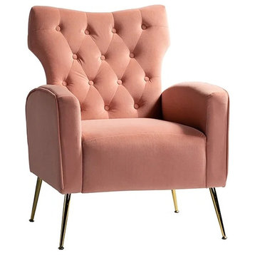 Elegant Accent Chair, Golden Legs With Velvet Seat and Tufted Wingback, Pink