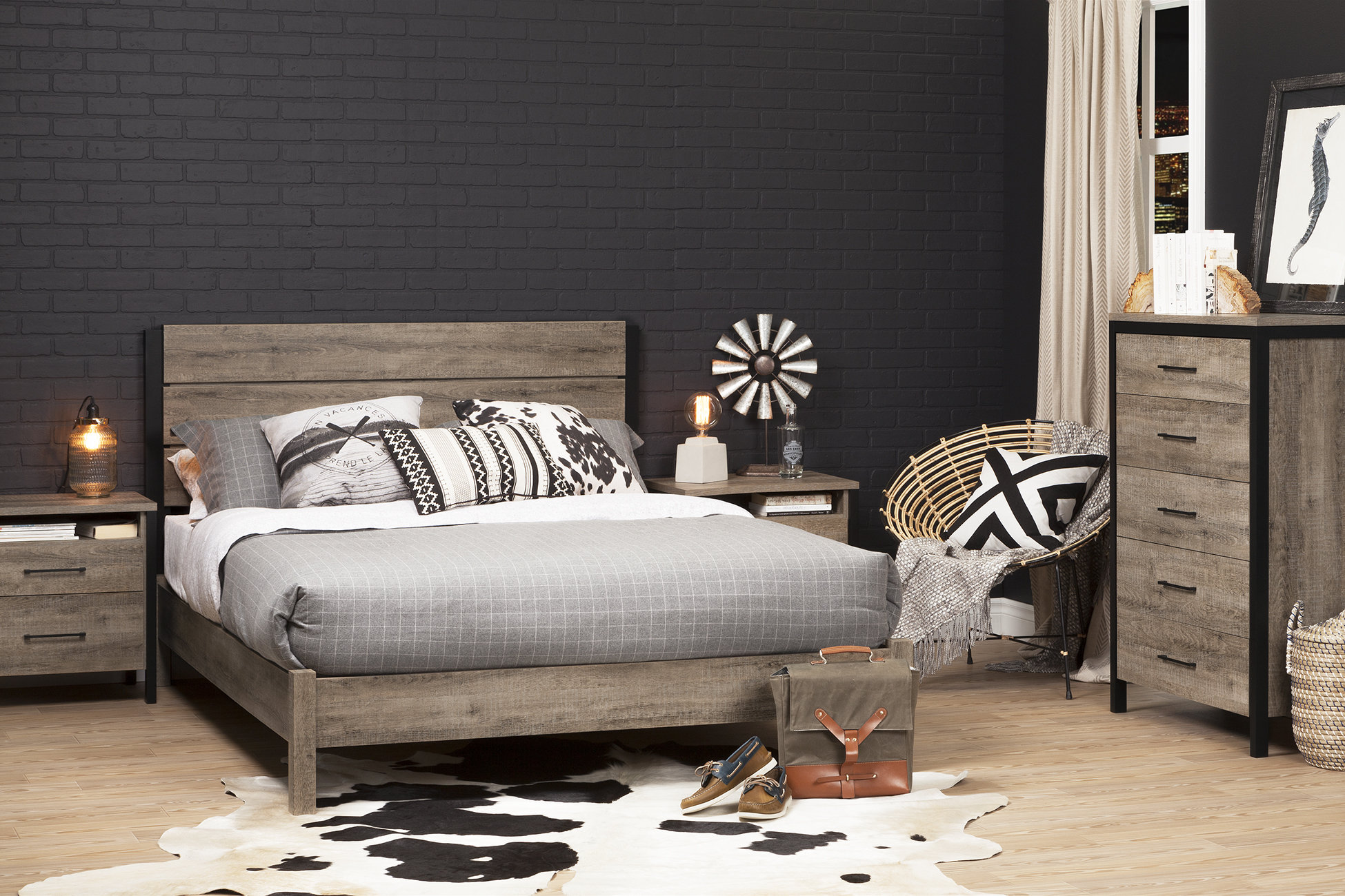 South Shore Munich 2-Drawer Nightstand, Weathered Oak And Matte Black