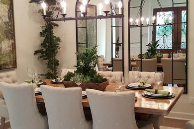 Inspiration for a mid-sized farmhouse dark wood floor and brown floor enclosed dining room remodel in Los Angeles with white walls