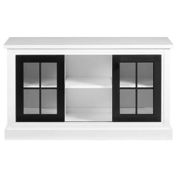 Spacious Console Table, Sliding Windowpane Glass Doors & Shelves, Black/White