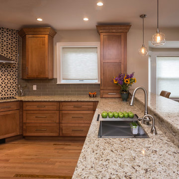 Warm Wood Transitional Kitchen Remodel | Granite Countertops & Tile Accent Wall