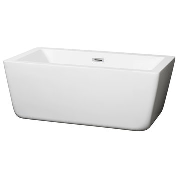 Laura 59" Freestanding White Bathtub, Polished Chrome Drain and Overflow Trim