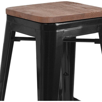 24" High Backless Black Metal Counter Height Stool With Square Wood Seat