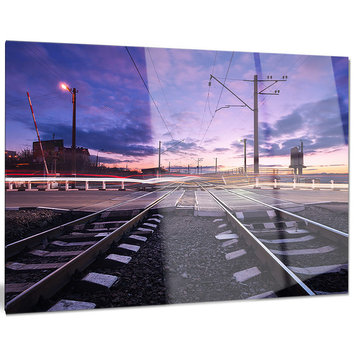 "Rail Crossing With Blurred Car Lights" Metal Wall Art, 28"x12"