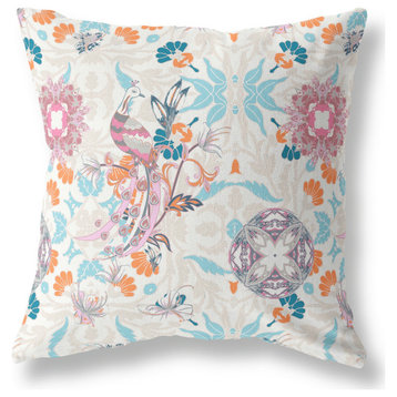 16" X 16" Off White And Sky Blue Broadcloth Floral Throw Pillow