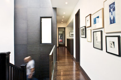 Design ideas for a contemporary hallway in San Francisco with white walls and dark hardwood floors.