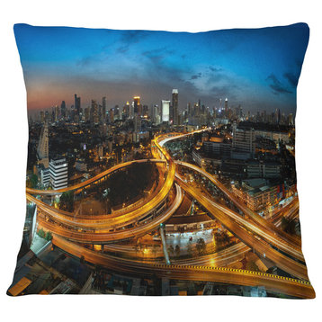 Illuminated Highway in Bangkok Cityscape Throw Pillow, 16"x16"