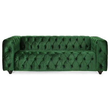 Marengo Contemporary Tufted 3 Seater Sofa, Emerald + Espresso, Velvet