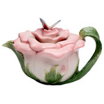 Cosmos Gifts Corp - Butterfly on Rose Teapot, 12 oz. - The Butterfly on Rose Teapot makes an elegant addition to a tea party. This hand-painted ceramic pot features a glossy pink and green finish with a delicate butterfly finial on the lid. Holds 12 ounces. Hand wash only.