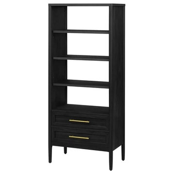 Contemporary Bookcase, 3 Open Shelves & 2 Drawers With Golden Pulls, Charcoal