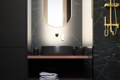 Inspiration pour une petite salle de bain design avec un carrelage noir, un plan de toilette en bois, un plan de toilette marron et meuble simple vasque.