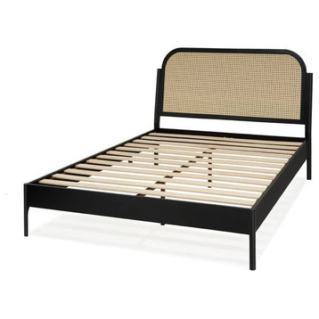 Modern Bohemian Platform Bed, Acacia Frame With Rattan Headboard, Black, Queen