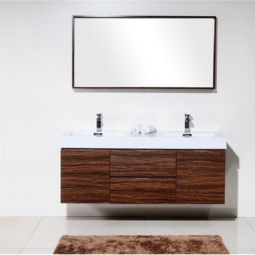 Kubebath Bliss 60" Double Sink Walnut Wall Mount Floating Modern Vanity Dark Oak