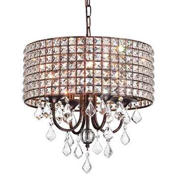 4-Light Antique Copper Square Beaded Round Drum Shade Chandelier With Crystals
