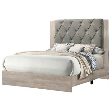 Wood Bed With Padded Headboard, Cream Finish, Queen