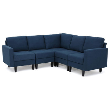 5 Pieces Modular Sectional Sofa, Tufted Cushioned Polyester Seat, Dark Blue