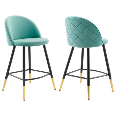 Modway Cordial 25.5" Velvet & Metal Counter Stools in Black/Mint (Set of 2)