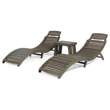 Marley Outdoor Acacia Wood 3 Piece Chaise Lounge Set