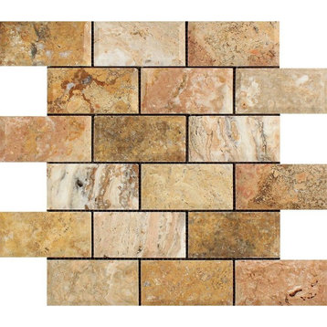Scabos Travertine Deep-Beveled Brick Mosaic, 2 X 4 Honed