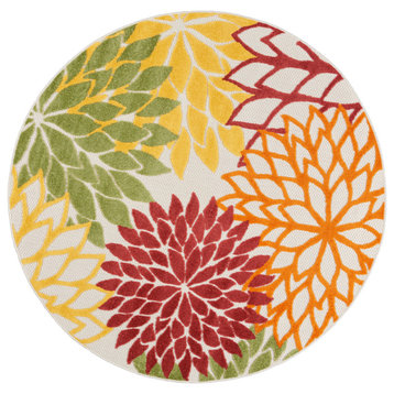 Nourison Aloha Indoor/Outdoor Floral Red Multi Colored 4' Round Area Rug