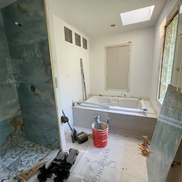 Bathroom Remodel; Huge Blue Tiles; Luxury shower and tub