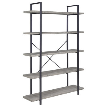 Industrial Bookcase Open Etagere Book Shelf Metal/Wood, Gray Wash, 5 Shelves