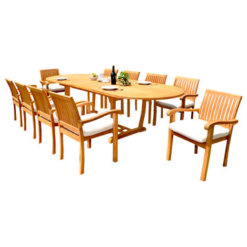 11 Piece Teak Dining Set, 117" Masc Double Oval Table and 10 Nain Stacking Chair