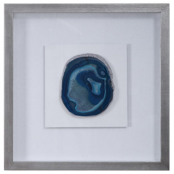 Luxe Blue Natural Agate Stone Slice Shadow Box Wall Art White Silver Frame
