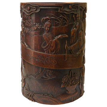 Chinese Bamboo Relief Scholars Motif Carving Brush Pen Holder Art ws2139S