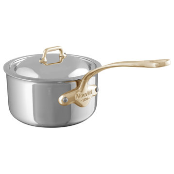 Mauviel M'Cook B Stainless Steel Sauce Pan With Lid & Brass Handle, 1.8-qt
